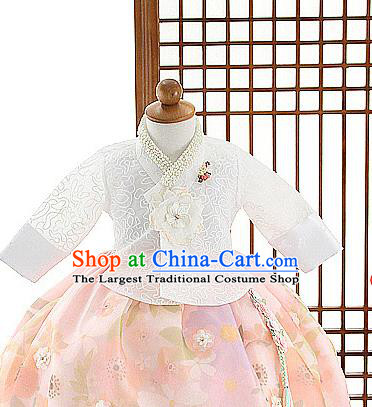 Asian Korea Girls White Blouse and Pink Dress Korean Kids Fashion Traditional Hanbok Apparels Birthday Costumes