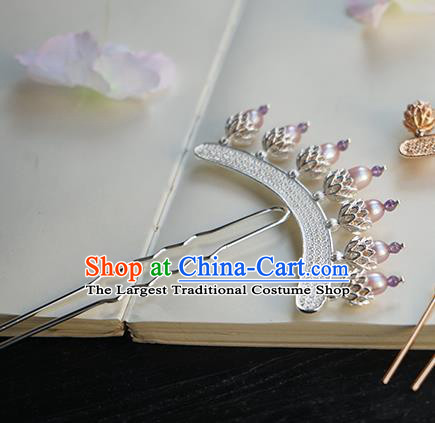 Chinese Classical Hanfu Pearls Hair Accessories Handmade Ancient Tang Dynasty Imperial Concubine Argent Hairpin for Women