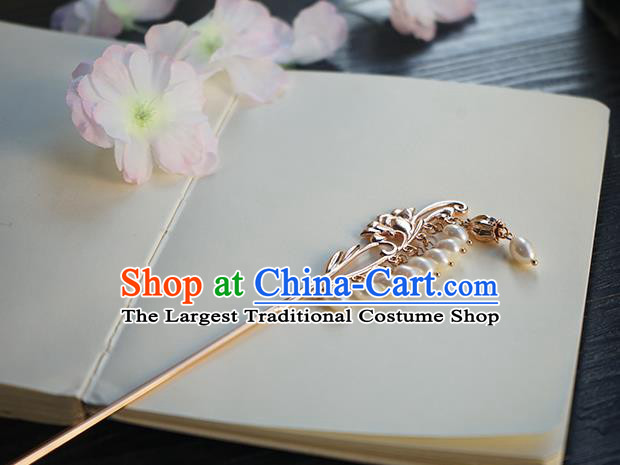 Chinese Classical Hanfu Golden Orchid Tassel Step Shake Hair Accessories Handmade Ancient Song Dynasty Pearls Hairpin for Women