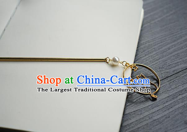 Chinese Classical Hanfu Hair Accessories Handmade Golden Cat Hairpin for Women