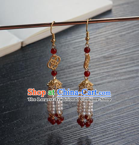 Handmade Chinese Ancient Court Ear Accessories Women Hanfu Golden Eardrop Classical Pearls Tassel Earrings