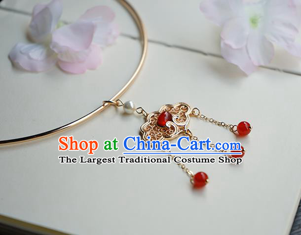 Chinese Handmade Hanfu Red Beads Tassel Necklace Classical Jewelry Accessories Ancient Princess Golden Necklet for Women