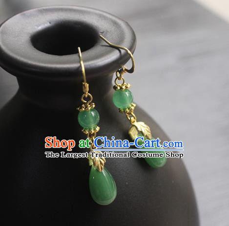 Handmade Chinese Women Green Jade Ear Accessories Classical Hanfu Eardrop Earrings