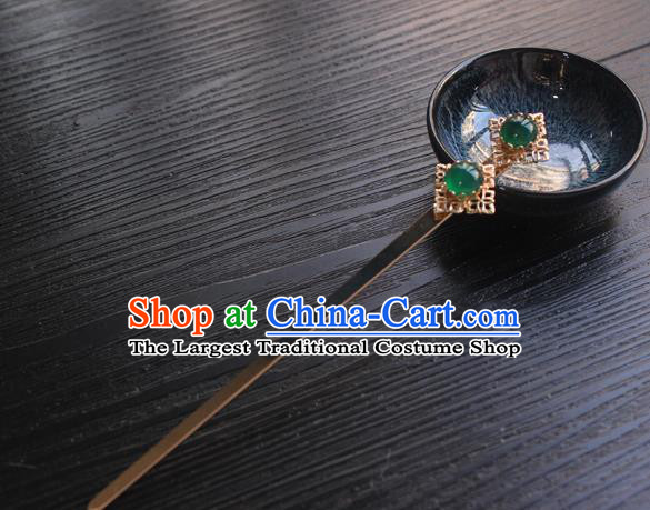 Chinese Classical Green Gems Hair Clip Hair Accessories Handmade Ancient Hanfu Golden Hairpin for Women
