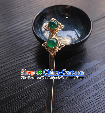 Chinese Classical Green Gems Hair Clip Hair Accessories Handmade Ancient Hanfu Golden Hairpin for Women