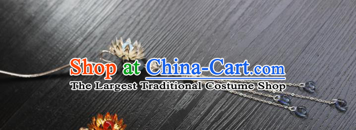 Chinese Classical Argent Lotus Hair Clip Hair Accessories Handmade Ancient Hanfu Beads Tassel Hairpin for Women