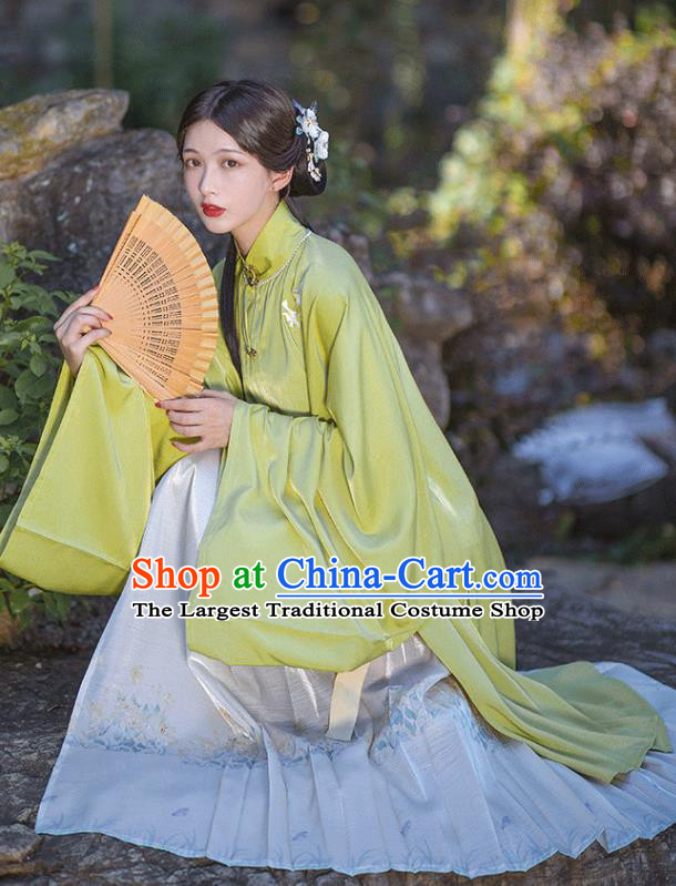 Chinese Ancient Young Lady Green Long Gown and Skirt Ming Dynasty Nobility Female Historical Costumes Traditional Hanfu Apparels Full Set