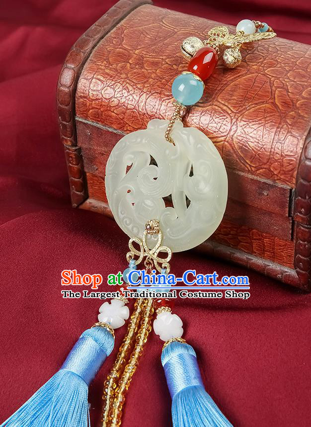 Chinese Classical Jade Carving Waist Accessories Ancient Swordsman Hanfu Blue Tassel Belt Pendant