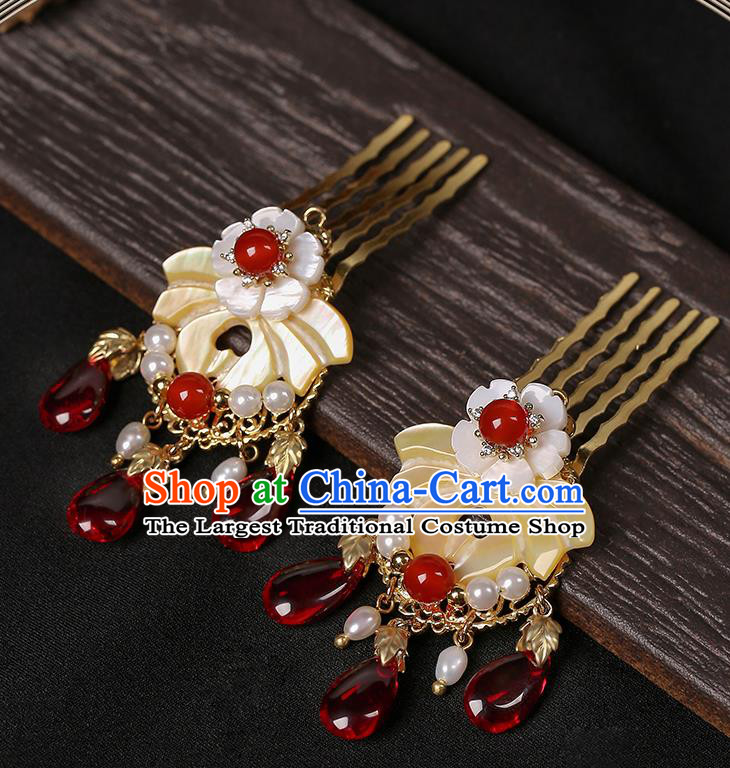 Chinese Classical Shell Flower Hair Comb Hair Accessories Handmade Ancient Court Lady Hanfu Pearls Hairpins for Women