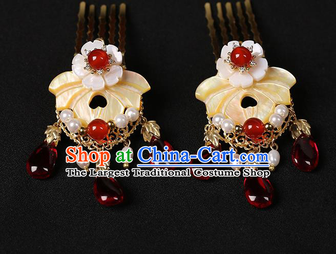 Chinese Classical Shell Flower Hair Comb Hair Accessories Handmade Ancient Court Lady Hanfu Pearls Hairpins for Women