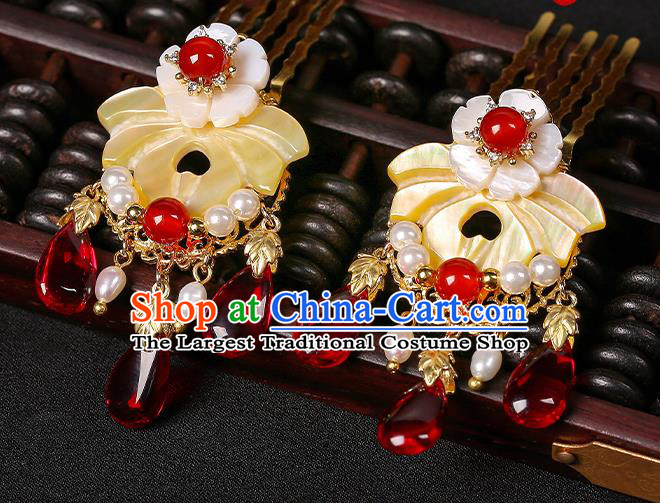 Chinese Classical Shell Flower Hair Comb Hair Accessories Handmade Ancient Court Lady Hanfu Pearls Hairpins for Women
