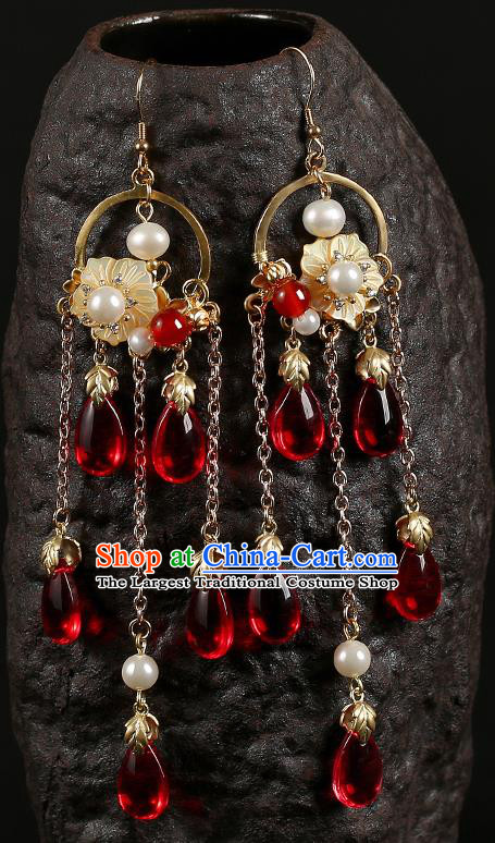 Handmade Chinese Court Women Red Beads Tassel Ear Accessories Classical Eardrop Hanfu Shell Flower Earrings