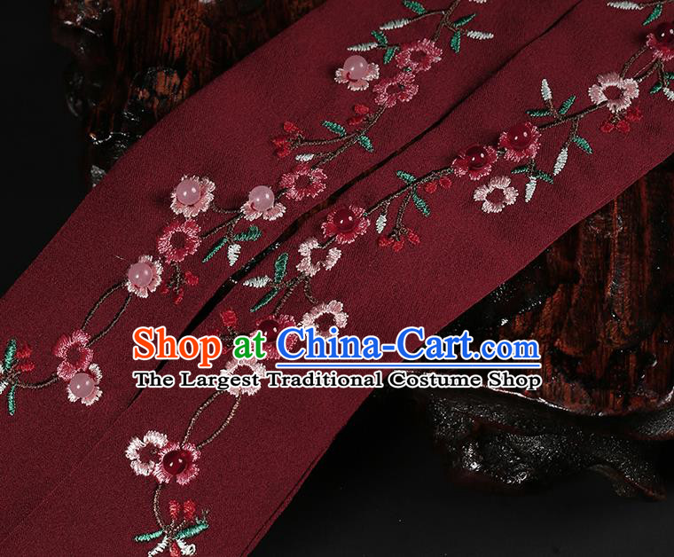 Chinese Classical Embroidered Wine Red Silk Headband Hanfu Hair Accessories Handmade Tassel Bandeau Hairlace for Women