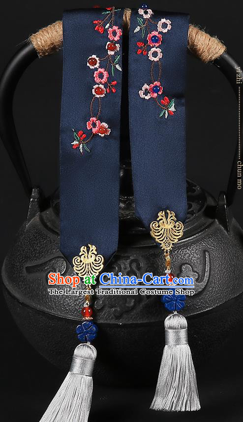 Chinese Classical Embroidered Navy Silk Headband Hanfu Hair Accessories Handmade Tassel Bandeau Hairlace for Women