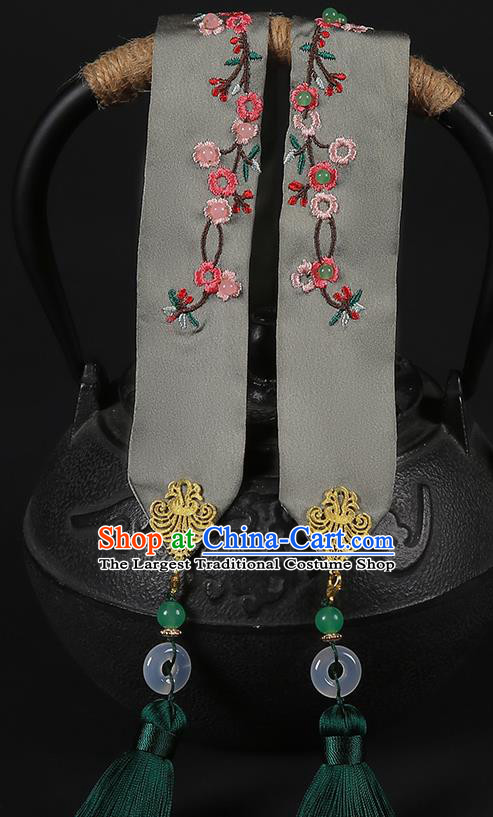 Chinese Classical Embroidered Grey Silk Headband Hanfu Hair Accessories Handmade Tassel Bandeau Hairlace for Women