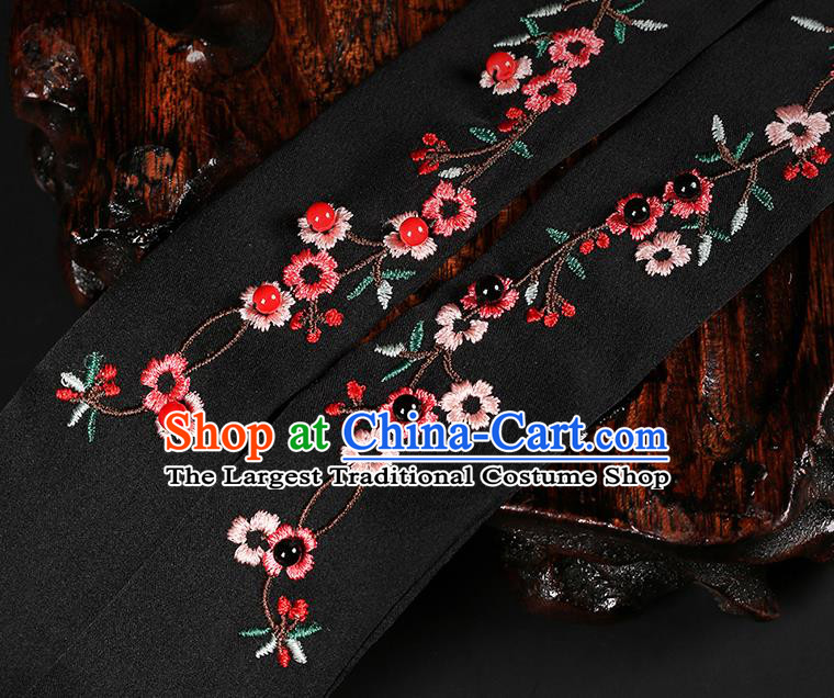 Chinese Classical Embroidered Black Silk Headband Hanfu Hair Accessories Handmade Tassel Bandeau Hairlace for Women