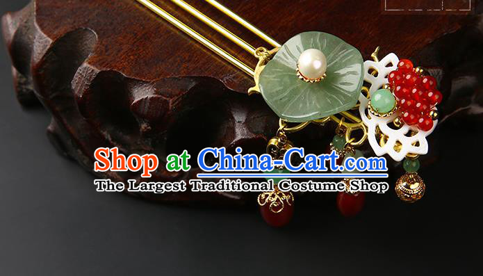 Chinese Classical Jade Lotus Leaf Hair Clip Hanfu Hair Accessories Handmade Ancient Princess Red Beads Tassel Hairpins for Women