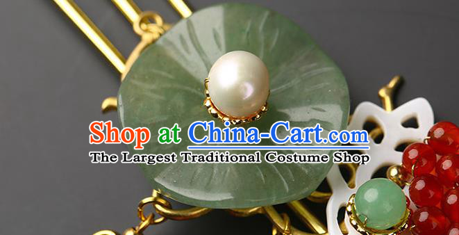 Chinese Classical Jade Lotus Leaf Hair Clip Hanfu Hair Accessories Handmade Ancient Princess Red Beads Tassel Hairpins for Women