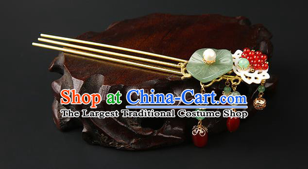 Chinese Classical Jade Lotus Leaf Hair Clip Hanfu Hair Accessories Handmade Ancient Princess Red Beads Tassel Hairpins for Women