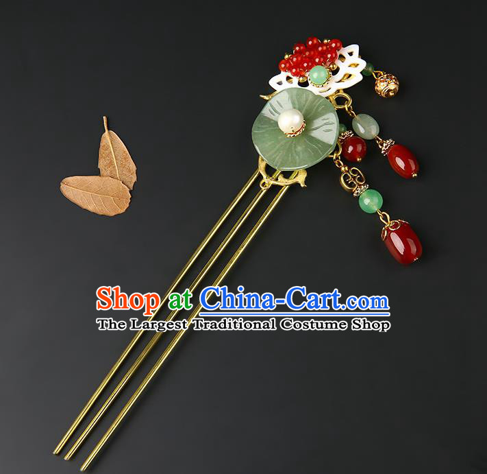 Chinese Classical Jade Lotus Leaf Hair Clip Hanfu Hair Accessories Handmade Ancient Princess Red Beads Tassel Hairpins for Women