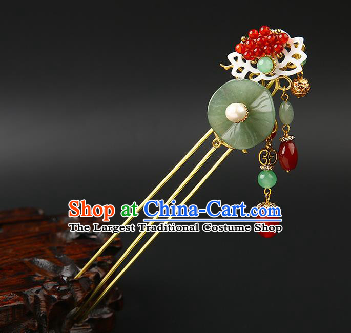 Chinese Classical Jade Lotus Leaf Hair Clip Hanfu Hair Accessories Handmade Ancient Princess Red Beads Tassel Hairpins for Women