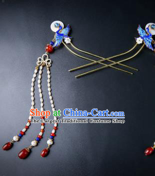 Chinese Classical Qing Dynasty Blueing Crane Hair Clip Hanfu Hair Accessories Handmade Ancient Princess Pearls Tassel Hairpins for Women