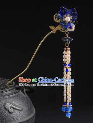Chinese Classical Qing Dynasty Blue Flower Hair Clip Hanfu Hair Accessories Handmade Ancient Princess Pearls Tassel Hairpins for Women