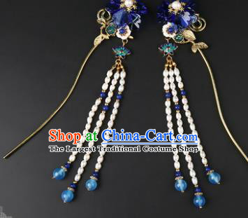 Chinese Classical Qing Dynasty Blue Flower Hair Clip Hanfu Hair Accessories Handmade Ancient Princess Pearls Tassel Hairpins for Women