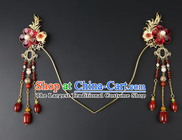 Chinese Classical Qing Dynasty Red Plum Hair Clip Hanfu Hair Accessories Handmade Ancient Princess Tassel Hairpins for Women
