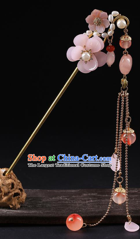 Chinese Classical Pink Plum Hair Clip Hanfu Hair Accessories Handmade Ancient Princess Tassel Hairpins for Women