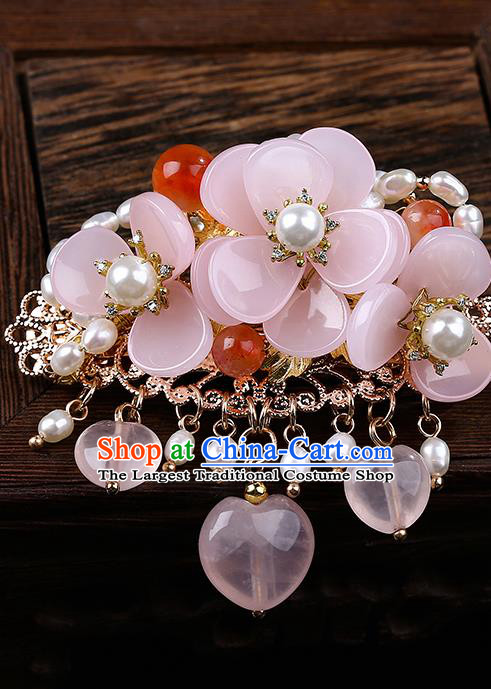 Chinese Classical Pink Flower Hair Claw Hanfu Hair Accessories Handmade Ancient Princess Pearls Hairpins for Women