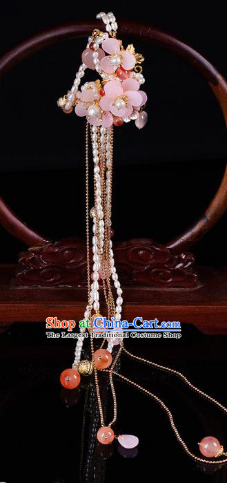 Chinese Classical Hanfu Pearls Tassel Waist Accessories Ancient Princess Pink Flowers Belt Pendant
