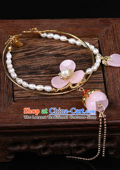 Chinese Handmade Pearls Bracelet Classical Jewelry Accessories Ancient Hanfu Pink Flower Bangle for Women