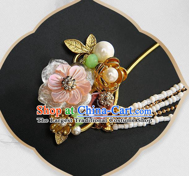 Chinese Classical Beads Tassel Hair Clip Hanfu Hair Accessories Handmade Ancient Princess Shell Flower Hairpins for Women