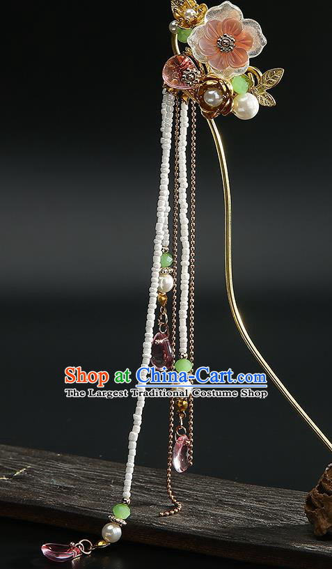 Chinese Classical Beads Tassel Hair Clip Hanfu Hair Accessories Handmade Ancient Princess Shell Flower Hairpins for Women