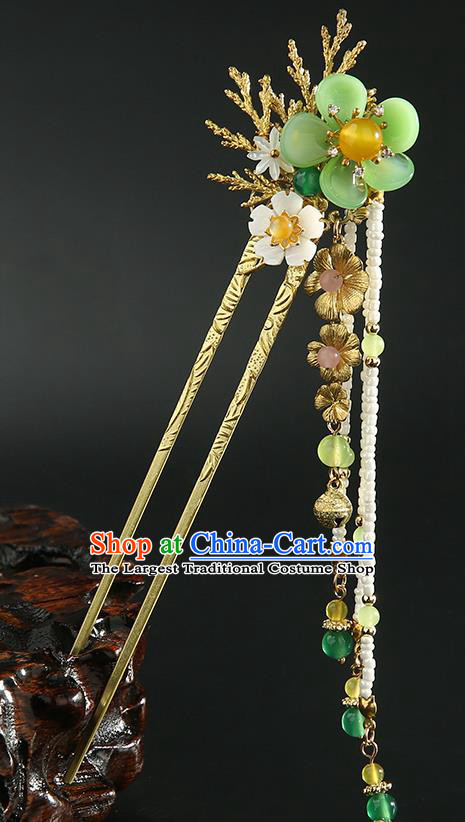 Chinese Classical Green Plum Hair Clip Hanfu Hair Accessories Handmade Ancient Princess Beads Tassel Hairpins for Women