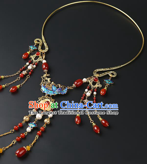 Chinese Handmade Ming Dynasty Necklet Classical Jewelry Accessories Ancient Hanfu Agate Beads Tassel Necklace for Women