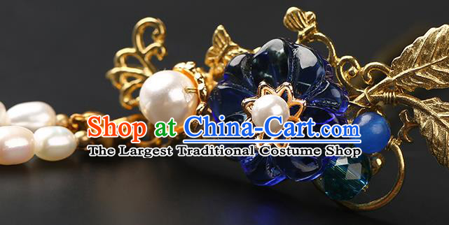 Chinese Classical Pearls Tassel Hair Clip Hanfu Hair Accessories Handmade Ancient Princess Navy Plum Hairpins for Women