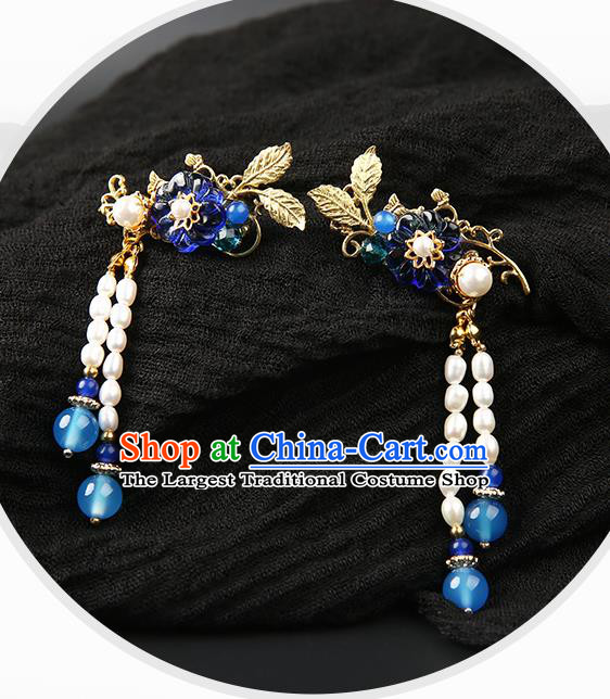 Chinese Classical Pearls Tassel Hair Clip Hanfu Hair Accessories Handmade Ancient Princess Navy Plum Hairpins for Women