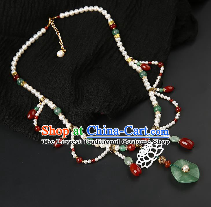 Chinese Handmade Ming Dynasty Lotus Leaf Necklet Classical Jewelry Accessories Ancient Hanfu Pearls Necklace for Women