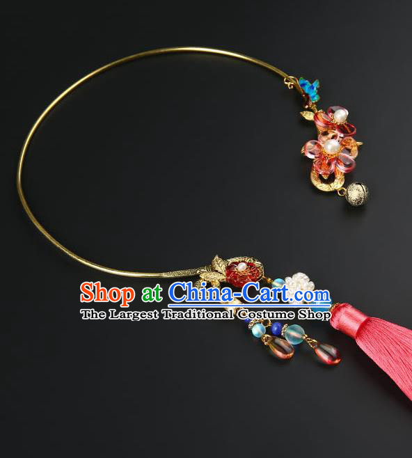 Chinese Handmade Ming Dynasty Golden Necklet Classical Jewelry Accessories Ancient Hanfu Pink Tassel Necklace for Women
