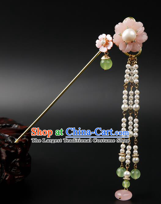 Chinese Classical Pink Plum Hair Clip Hanfu Hair Accessories Handmade Ancient Song Dynasty Imperial Concubine Beads Tassel Hairpins for Women