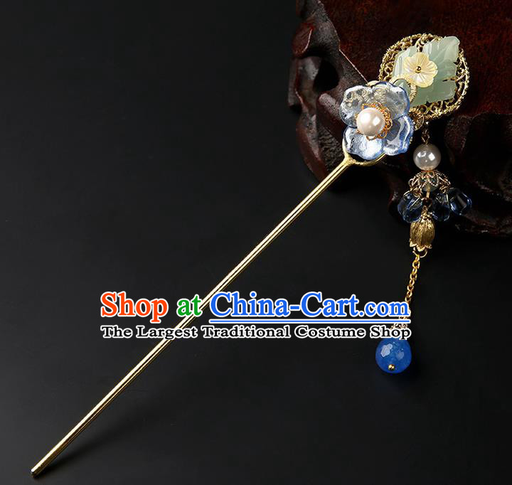 Chinese Classical Blue Stone Tassel Hair Clip Hanfu Hair Accessories Handmade Ancient Princess Hairpins for Women