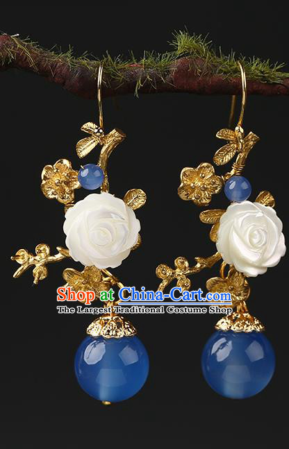 Handmade Chinese White Rose Ear Accessories Classical Eardrop Ancient Women Hanfu Blue Beads Earrings