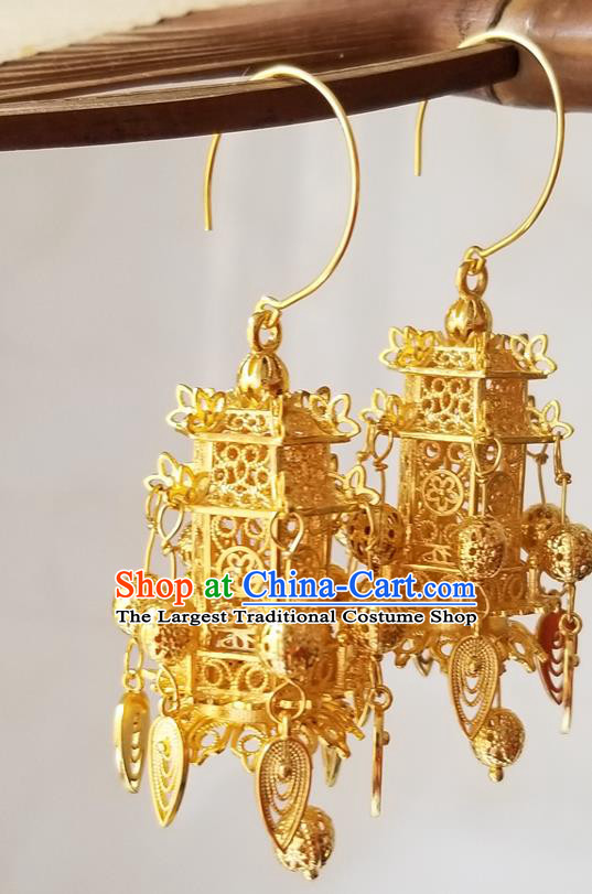 Handmade Chinese Court Woman Ear Accessories Classical Eardrop Ancient Empress Hanfu Golden Earrings