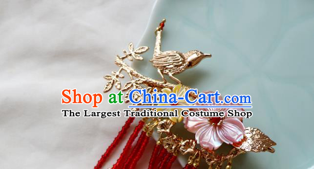 Chinese Classical Golden Bird Hair Claw Hanfu Hair Accessories Handmade Ancient Princess Red Tassel Hairpins for Women