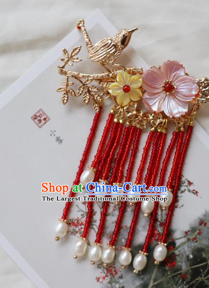 Chinese Classical Golden Bird Hair Claw Hanfu Hair Accessories Handmade Ancient Princess Red Tassel Hairpins for Women