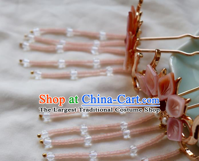 Chinese Classical Pink Shell Lotus Hair Clip Hanfu Hair Accessories Handmade Ancient Princess Tassel Hairpins for Women