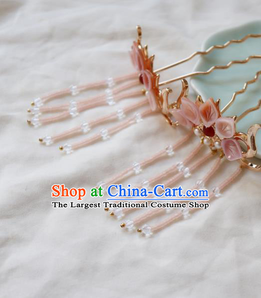 Chinese Classical Pink Shell Lotus Hair Clip Hanfu Hair Accessories Handmade Ancient Princess Tassel Hairpins for Women