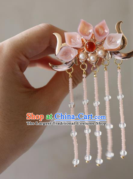 Chinese Classical Pink Shell Lotus Hair Clip Hanfu Hair Accessories Handmade Ancient Princess Tassel Hairpins for Women